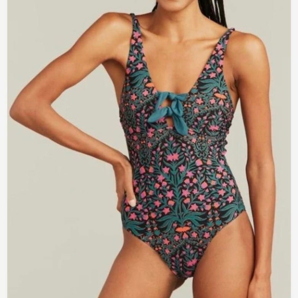 Roller Rabbit Womens Floral Tie Front One Piece Swimsuit Black Pink Teal Large